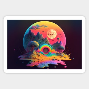 Spooky Moonlit Mountainscape - Psychedelic Landscape - Paint Dripping 3D Illustration - Colorful Haunted Nature Scene Sticker